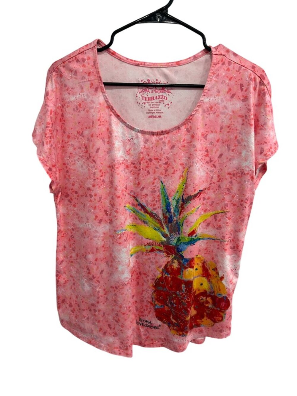 Leoma Lovegrove Medium Pink Pineapple Print Scoop Neck Top Soft Retro Art